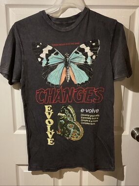 Black Graphic 'Changes Evolve' Tee with Blue & Orange Butterfly